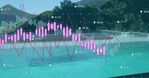 Luxury resort pool overlaid with financial market graphs