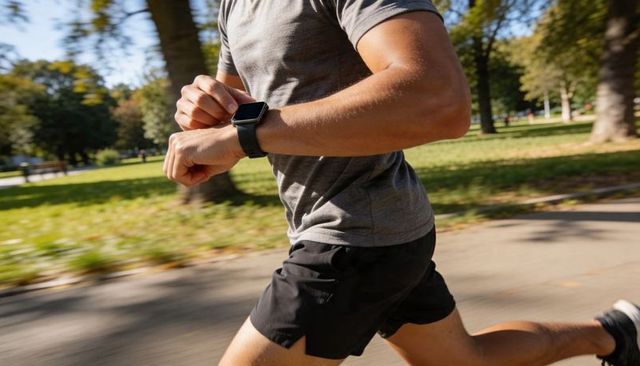Checking smartwatch while running in city park wearing grey shirt and black shorts