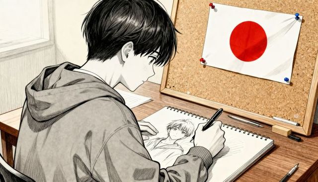 Asian male sketching portrait on spiral sketchbook at desk with japanese flag