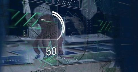 Analyst Monitoring Data Using Futuristic HUD Dashboard with Interactive Maps and Charts