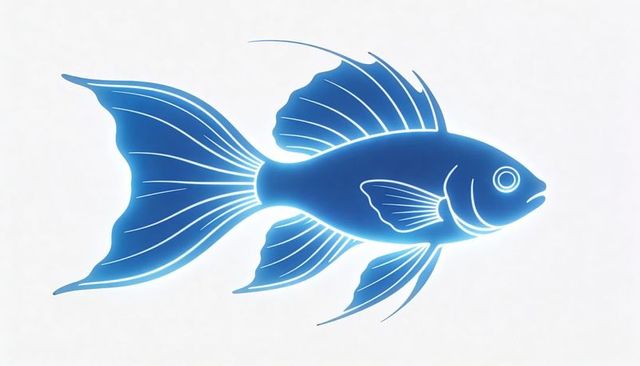 Glowing blue neon fish vector with flowing tail veins for marine logo, minimal branding