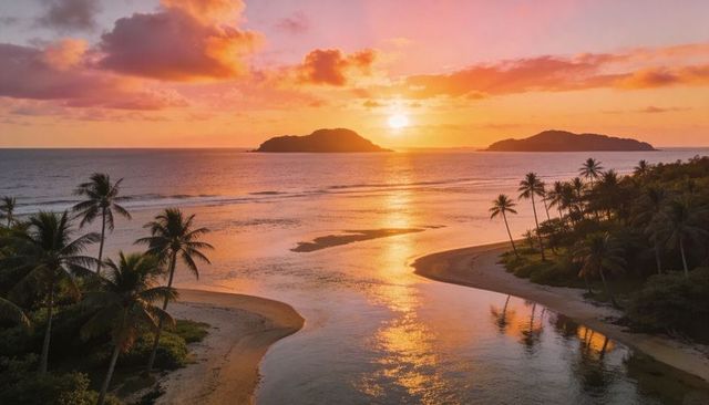 Golden sunset reflecting on tropical estuary with palm silhouettes and distant islands