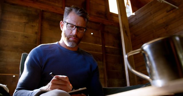 Bearded Man Wearing Glasses Writing in Notebook at Rustic Cabin - Download Free Stock Images Pikwizard.com