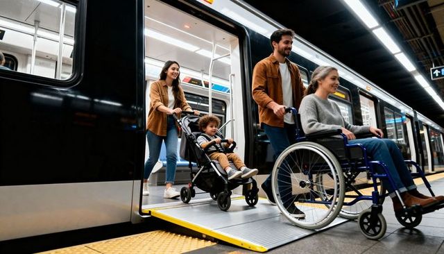Multigenerational caregivers guiding accessible subway ramp with stroller and wheelchair