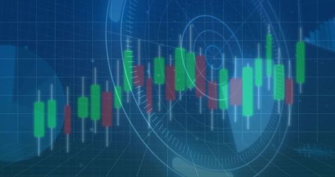 Displaying Candlestick Trading Chart with Futuristic HUD Overlays and Neon Grid