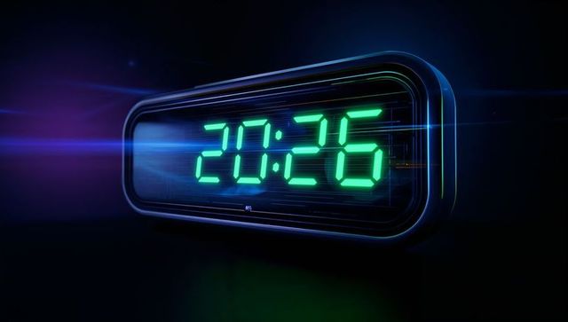 Futuristic neon digital clock displaying 20:26 with green led digits and blue-purple glow