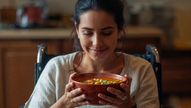 Woman in wheelchair cradling warm chickpea soup in terracotta bowl, cozy nourishment