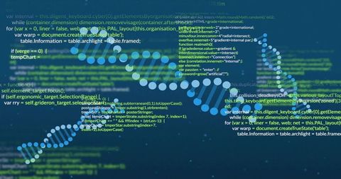 Glowing DNA Helix Overlaying Code Streams in Neon Cyan for Bioinformatics and Tech