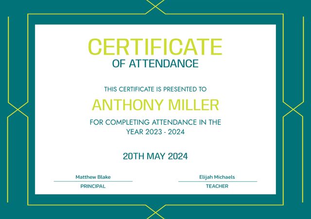 This certificate template recognizes the completion of the school year 2023-2024. Ideal for educators and institutions looking to honor students for their attendance and dedication. The certificate design is professional, featuring spaces for principal and teacher signatures, making it suitable for school graduations, academic ceremonies, or data record purposes.