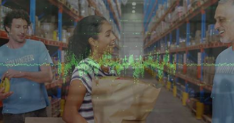 Volunteering at Warehouse with Digital Data Overlay - Download Free Stock Images Pikwizard.com