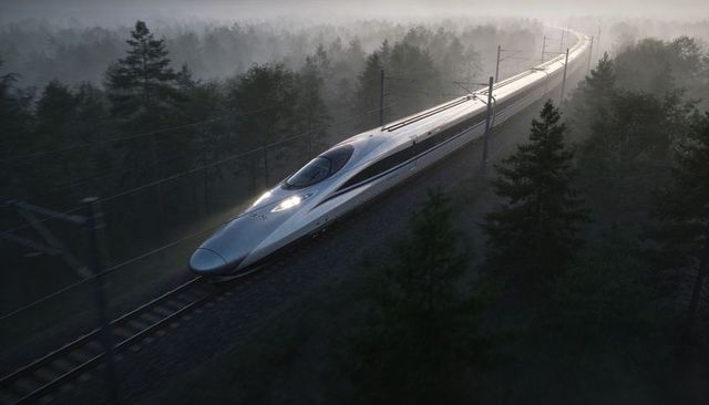 Gliding high-speed bullet train through misty pine forest at dawn with catenary lights