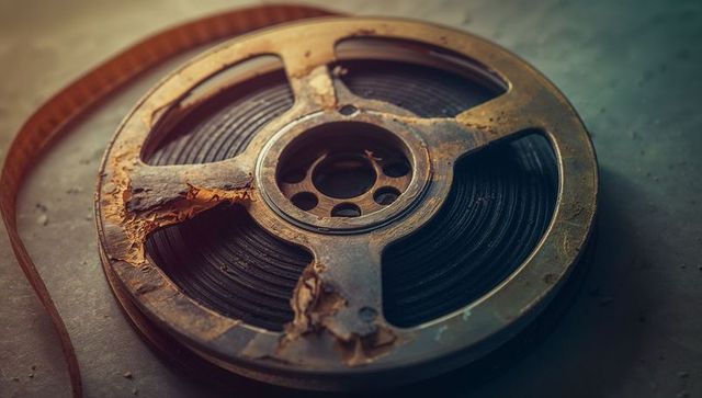 Rusted film reel with exposed filmstrip on archive shelf