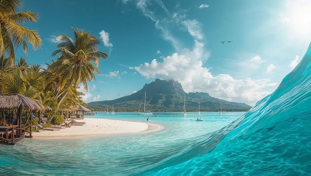 Turquoise lagoon with rising volcanic peak, palms, overwater huts and sailboats