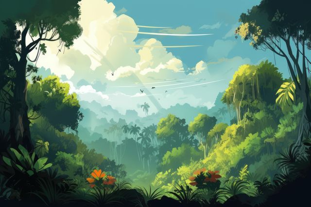 Vibrant tropical rainforest landscape with sunlight filtering through the trees, illuminating the lush greenery. Birds flying in a partly cloudy sky add a touch of wildlife. The scene is ideal for use in travel, nature documentary promotions, or environmental awareness campaigns. Perfect for themes related to biodiversity, conservation, and serene nature settings.