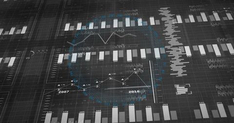 Dark Dashboard Displaying Bar and Line Charts with Radial Overlay and Timeline 2007–2016