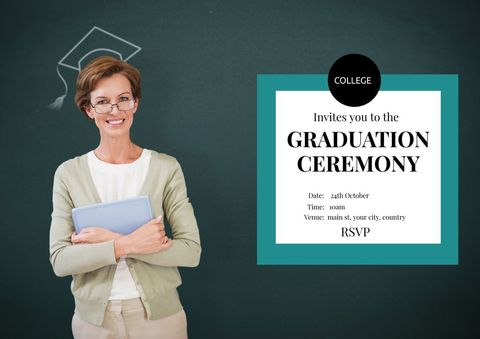 Woman with Digital Tablet and Graduation Invitation Template - Download Free Stock Templates Pikwizard.com
