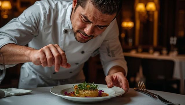 Chef Artfully Plating Gourmet Dish in Elegant Restaurant