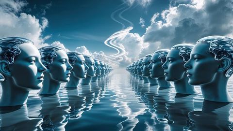 Surreal metallic heads reflecting in water under dramatic clouds, talking heads concept