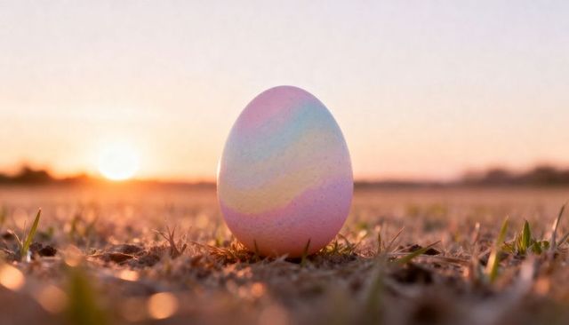Pastel rainbow easter egg sitting on grass at sunset with warm bokeh glow