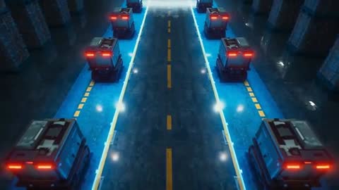 Autonomous Robots Moving in Futuristic Industrial Warehouse