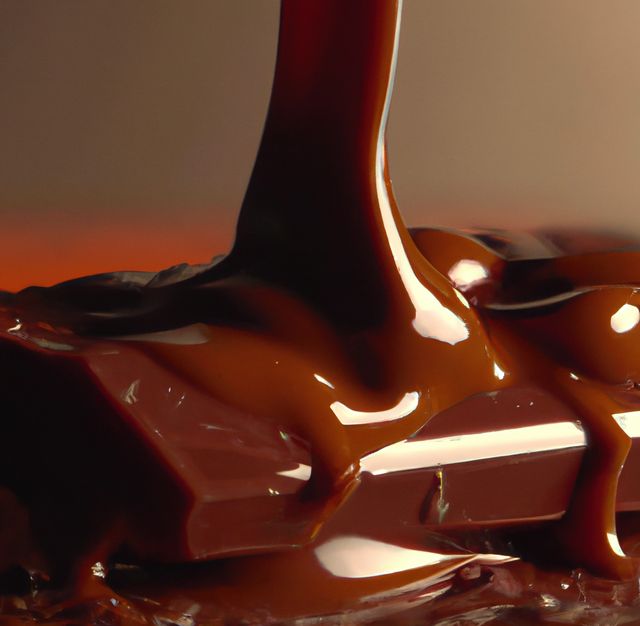 Close-up view of melted chocolate pouring over a chocolate bar, emphasizing its smooth and creamy texture. Ideal for use in marketing for chocolate products, dessert recipes, food blogs, and advertisements promoting indulgence and luxury treats. Suitable for creating enticing visuals in cookbooks, food magazines, and promotional banners.