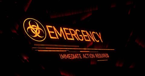 Emergency alert with biohazard symbol on black background