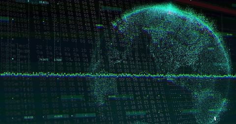 Glowing Point-Cloud Globe Pulsing with Data Waveform, Floating Code and Neon Particles