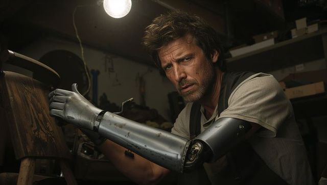 Skilled Craftsman Using Metal Prosthetic in Workshop