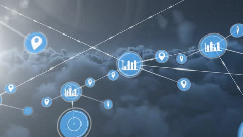 Abstract Digital Network Among Clouds and Icons Concept