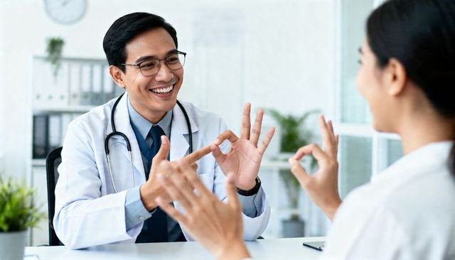 Smiling male doctor gesturing ok sign while communicating with patient in medical office