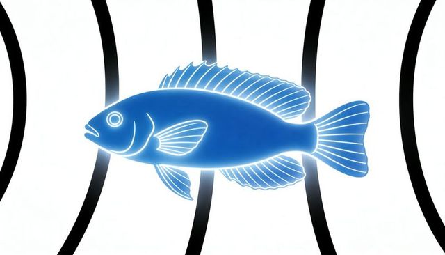 Glowing blue neon fish icon with halo and black bands minimalist abstract marine vector