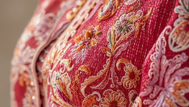 Exquisite embroidered red fabric with floral paisley design