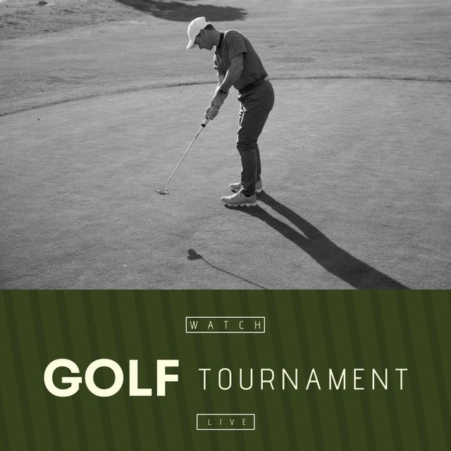 Caucasian man putting on a golf course during a golf tournament. The image has a text overlay promoting a live sports event. Ideal for use in promotions for golf tournaments, sports broadcasts, golfing advertisements, magazines, and websites focused on sports and outdoor activities.