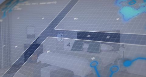 Scanning bedroom with ar mapping overlay displaying hud panels, grid, markers, futuristic