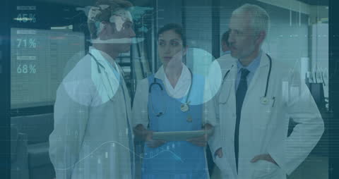 Team of Doctors with Data Visualization in Modern Hospital