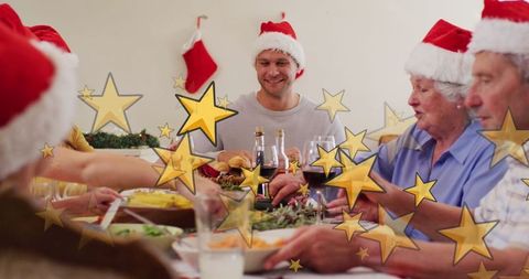Festive Family Gathering with Santa Hats and Holiday Feast