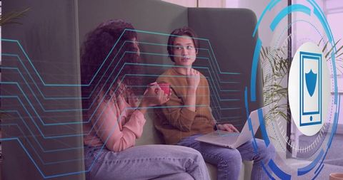 Colleagues Discussing Digital Security Abstract Overlay