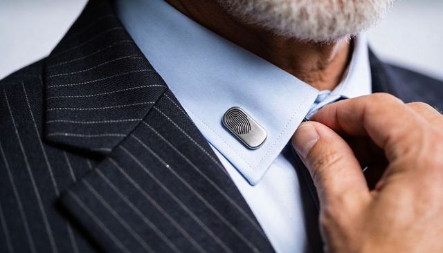 Senior man adjusting tie, displaying fingerprint collar pin on light blue shirt