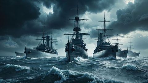 Historic first world war battleships steaming through stormy seas