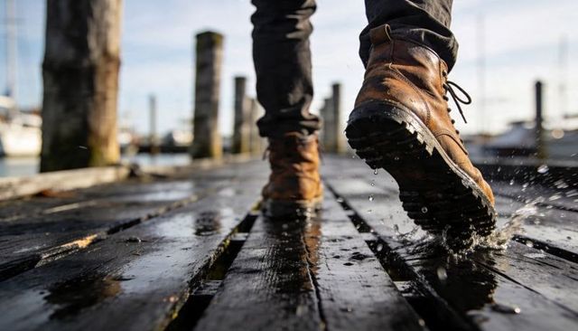 Brown leather boots walking on wet dock splashing puddles at sunlit marina pier