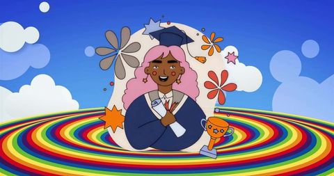 Smiling graduate with pink hair in navy gown holding diploma amid vibrant rainbow rings and trophy