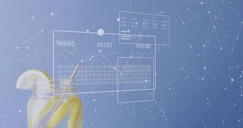 Refreshing lemon water jar displaying futuristic hud data overlay and abstract network