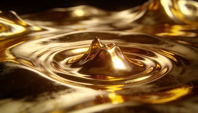 Golden liquid peak rising with concentric ripples on glossy metallic surface abstract macro