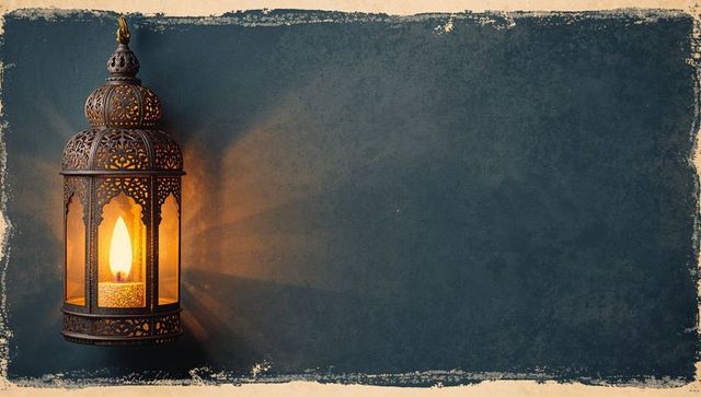 Hanging moroccan filigree lantern casting warm amber glow on textured background with paper border