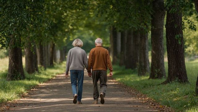 Senior couple walking hand in hand under tree-lined canopy on peaceful paved park avenue