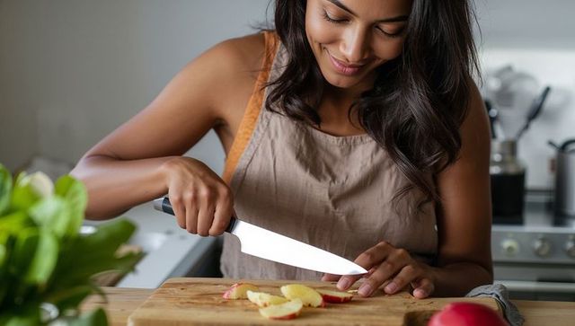 Smiling woman close-up slicing apple on wooden board in home kitchen with chef's knife