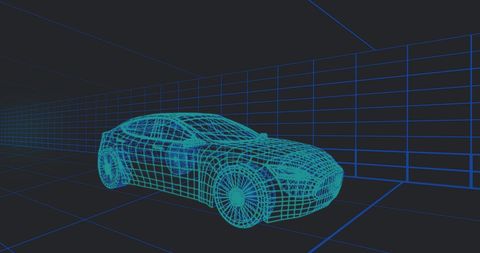 Futuristic Digital Car Wireframe in Virtual Grid