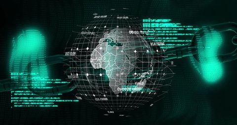 Rotating wireframe globe over africa visualizing cybersecurity blockchain network neon teal
