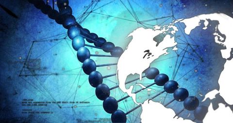 Digital dna helix crossing north america map, global genomics network biotech data concept