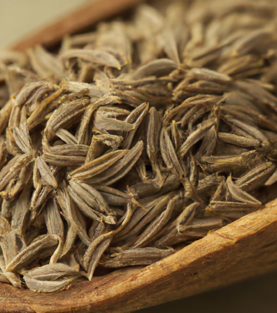 An up-close view of organic cumin seeds resting in a wooden spoon. This image can be used to emphasize the aromatic and natural qualities of the spice. Ideal for cooking blogs, health food websites, and culinary magazines discussing spices and their uses.